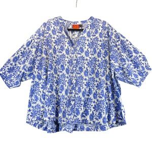 Anu‎ by Natural Blue Floral Cotton Tunic Top Blouse Women's Size L Oversized